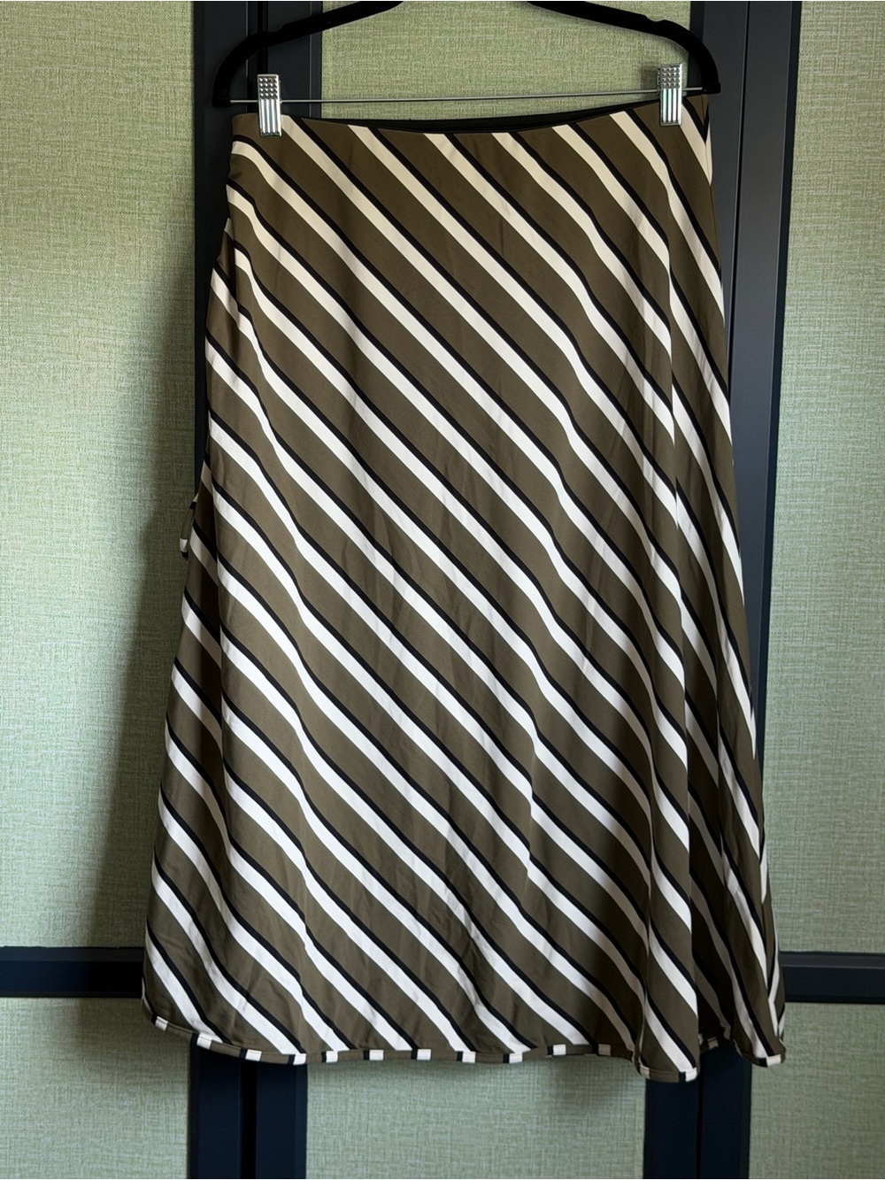 Solid & Striped Olive Green Diagonal Stipe Ruched High Slit Midi Skirt, Size XL - Picture 4 of 9